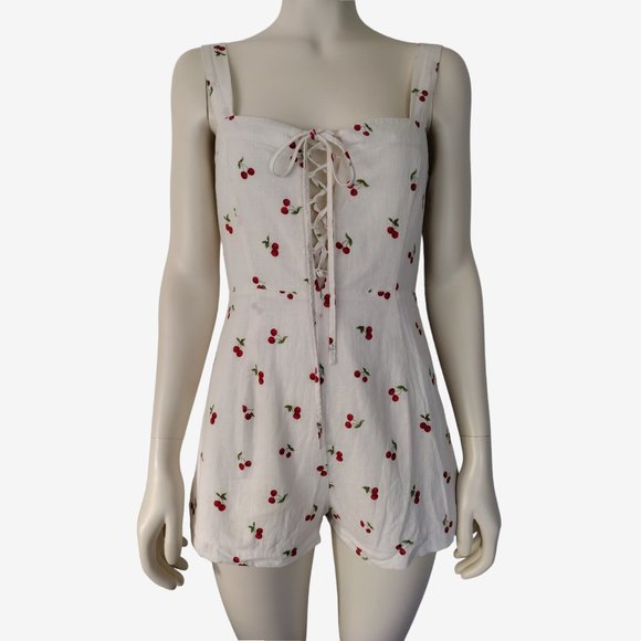 Forever 21 White Cherry Print Sweetheart Lace Up Chest Linen Romper - Picture 1 of 13